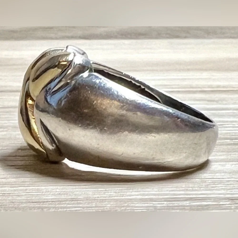 Vintage Designer Hallmarked 950 Silver & 18K Gold Puffy X Band Ring, Size 7